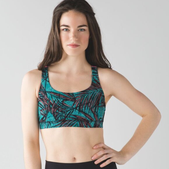 Lululemon Energy Bra Mini Palm Lace Tofino Teal Multi / Flash Light Size 4 *FLAW - Picture 1 of 8